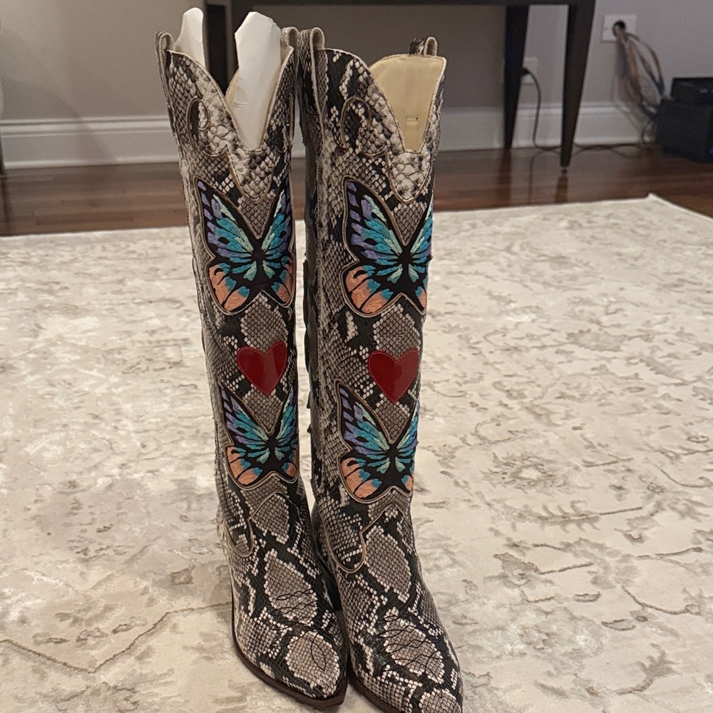 Sophia Webster Snakeskin Boots with Butterfly and Heart Accents